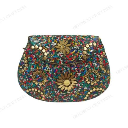 Mosaic Metal Clutch - Semi-Circle Handbag with Multicolor Tiles and Floral Gold Accents