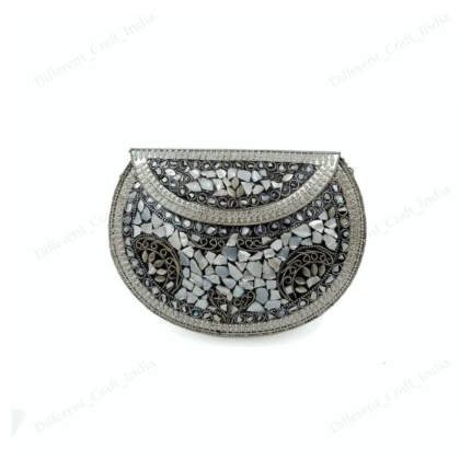 Handcrafted Mosaic Bag - Elegant Silver Bag with Mother of Pearl Tiles and Ornate Design