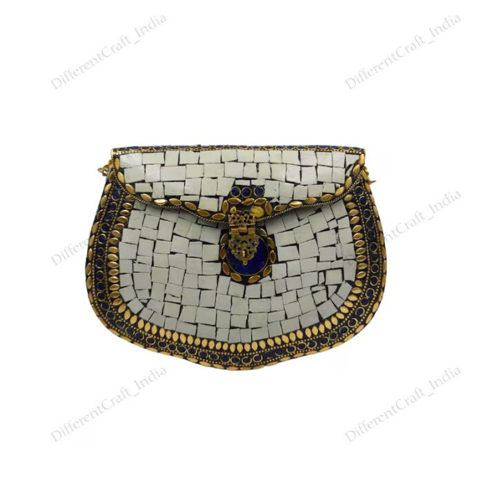 Mosaic Evening Bag - Handmade Clutch with Glossy White Tiles and Ornate Gold-Tone Accents