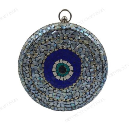 Round Mosaic Clutch - Elegant Mother-of-Pearl and Blue Evil Eye Motif Evening Bag