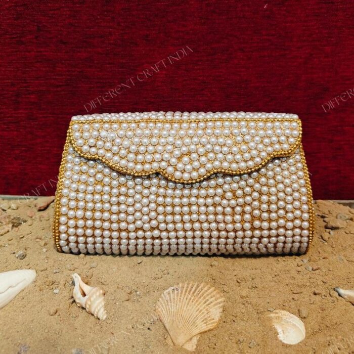 Elegant Pearl Handbag - Rectangular Flap Clutch Adorned with White Glossy Faux Pearls