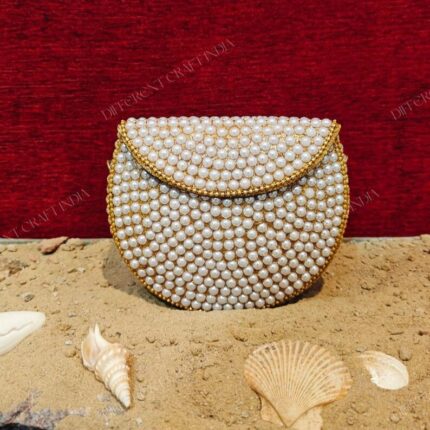 Elegant Mini Pearl Bag - Rounded Clutch with Goald Glitter and Pearl Embellishments