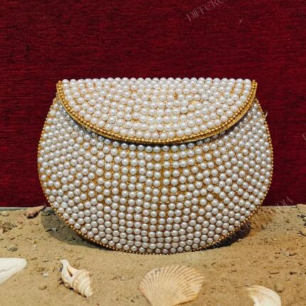 Luxurious Pearl Bag - Rounded Evening Bag with Faux Pearls and Golden Glitter Accents