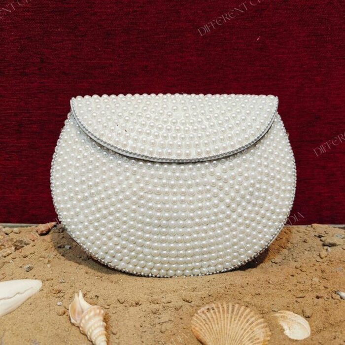 White Pearl Clutch - Rounded Curved Flap Evening Bag with Faux Pearl Embellishments