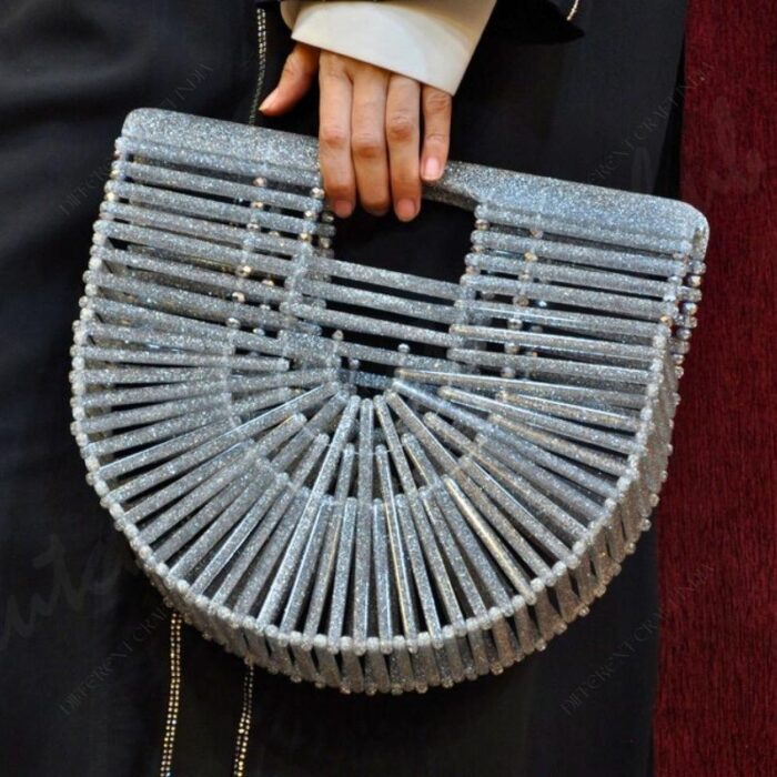 Elegant Silver Ark Bag with Sparkling Resin Strips and Open-Structure Design