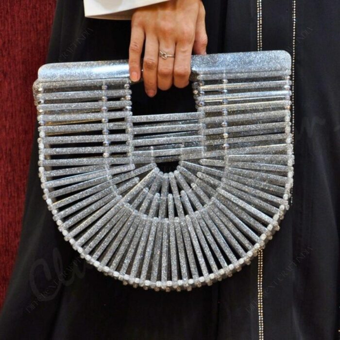 Elegant Silver Ark Bag with Sparkling Resin Strips and Open-Structure Design