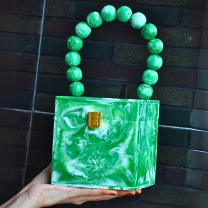 Green Resin Box Clutch with Unique Beaded Handle, Perfect for Hand Carry with Clasp Lock