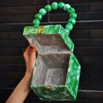 Green Resin Box Clutch with Unique Beaded Handle, Perfect for Hand Carry with Clasp Lock