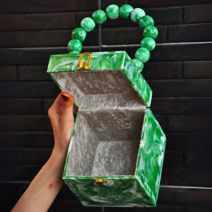 Green Resin Box Clutch with Unique Beaded Handle, Perfect for Hand Carry with Clasp Lock