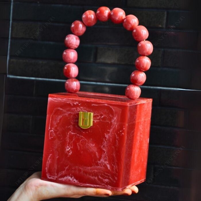 Red Resin Box Clutch with Unique Beaded Handle, Perfect for Hand Carry with Clasp Lock