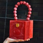 Red Resin Box Clutch with Unique Beaded Handle, Perfect for Hand Carry with Clasp Lock