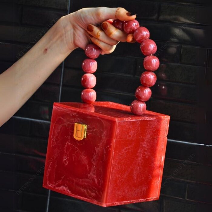 Red Resin Box Clutch with Unique Beaded Handle, Perfect for Hand Carry with Clasp Lock