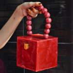 Red Resin Box Clutch with Unique Beaded Handle, Perfect for Hand Carry with Clasp Lock