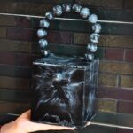 Black Resin Box Clutch with Unique Beaded Handle, Perfect for Hand Carry with Pearl Knob