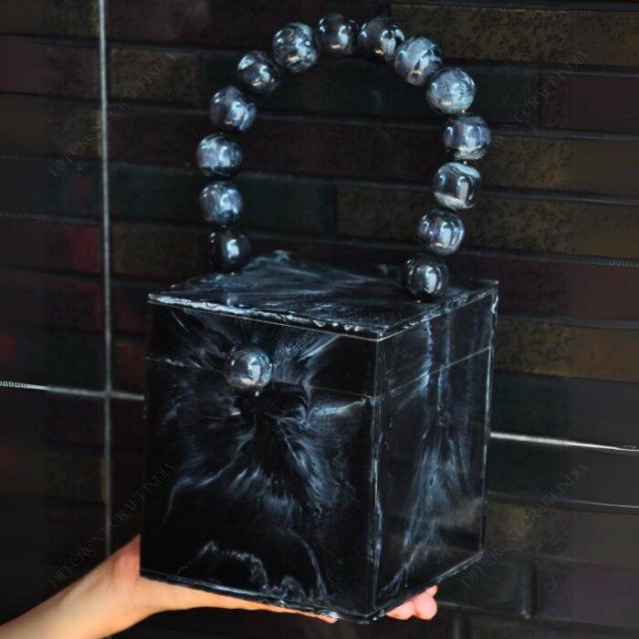 Black Resin Box Clutch with Unique Beaded Handle, Perfect for Hand Carry with Pearl Knob