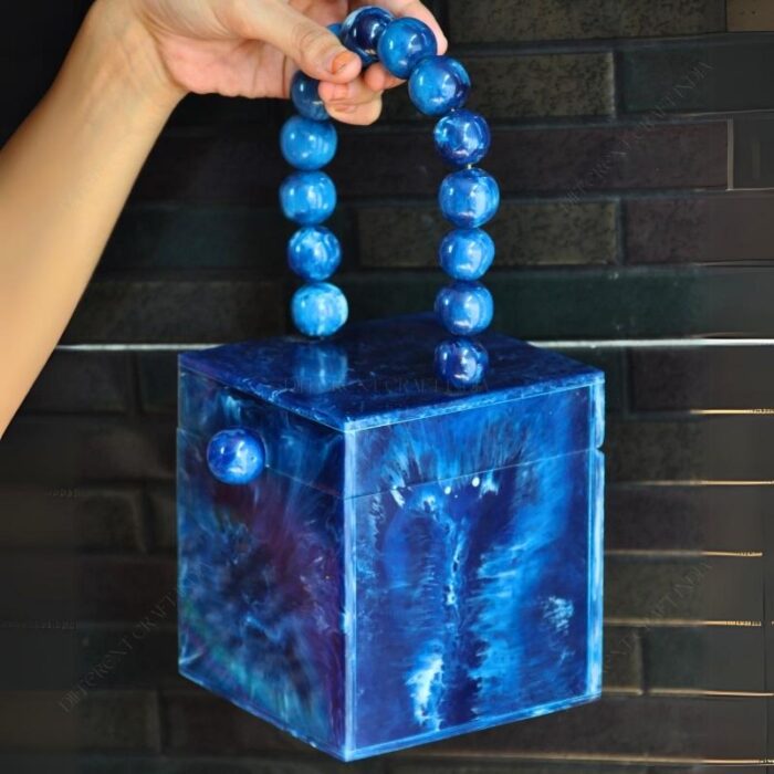 Blue Resin Box Clutch with Unique Beaded Handle, Perfect for Hand Carry with Pearl Knob