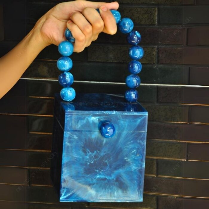 Blue Resin Box Clutch with Unique Beaded Handle, Perfect for Hand Carry with Pearl Knob