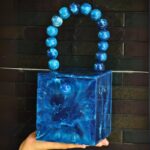 Blue Resin Box Clutch with Unique Beaded Handle, Perfect for Hand Carry with Pearl Knob