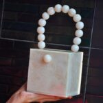 White Resin Box Clutch with Unique Beaded Handle, Perfect for Hand Carry with Pearl Knob