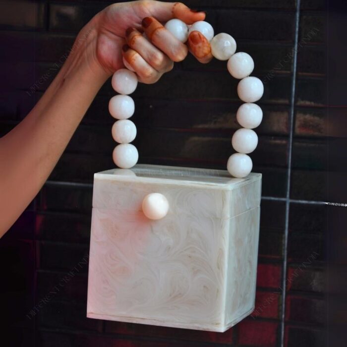 White Resin Box Clutch with Unique Beaded Handle, Perfect for Hand Carry with Pearl Knob