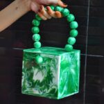 Green Resin Box Clutch with Unique Beaded Handle, Perfect for Hand Carry with Pearl Knob