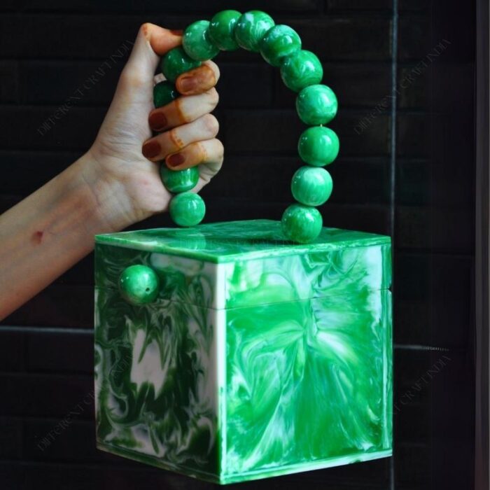 Green Resin Box Clutch with Unique Beaded Handle, Perfect for Hand Carry with Pearl Knob