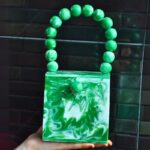 Green Resin Box Clutch with Unique Beaded Handle, Perfect for Hand Carry with Pearl Knob