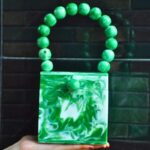 Green Resin Box Clutch with Unique Beaded Handle, Perfect for Hand Carry with Pearl Knob