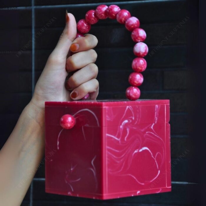 Red Resin Box Clutch with Unique Beaded Handle, Perfect for Hand Carry with Pearl Knob