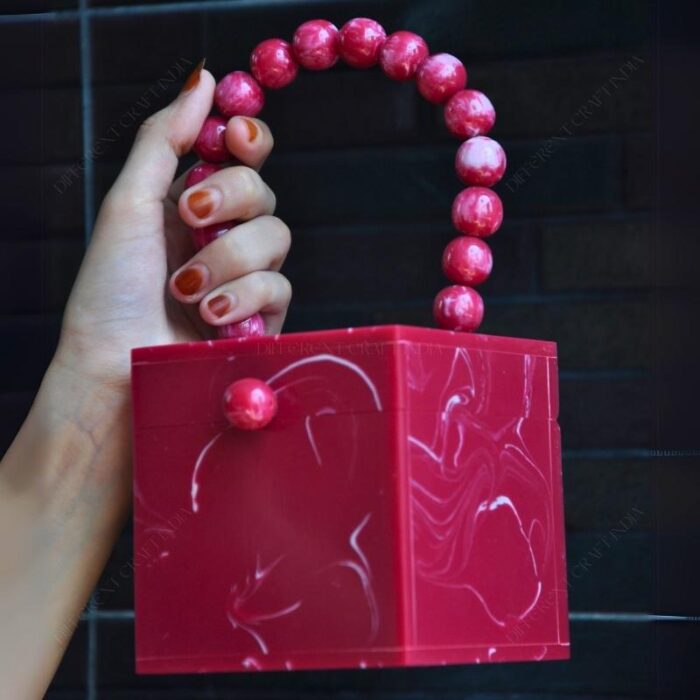 Red Resin Box Clutch with Unique Beaded Handle, Perfect for Hand Carry with Pearl Knob