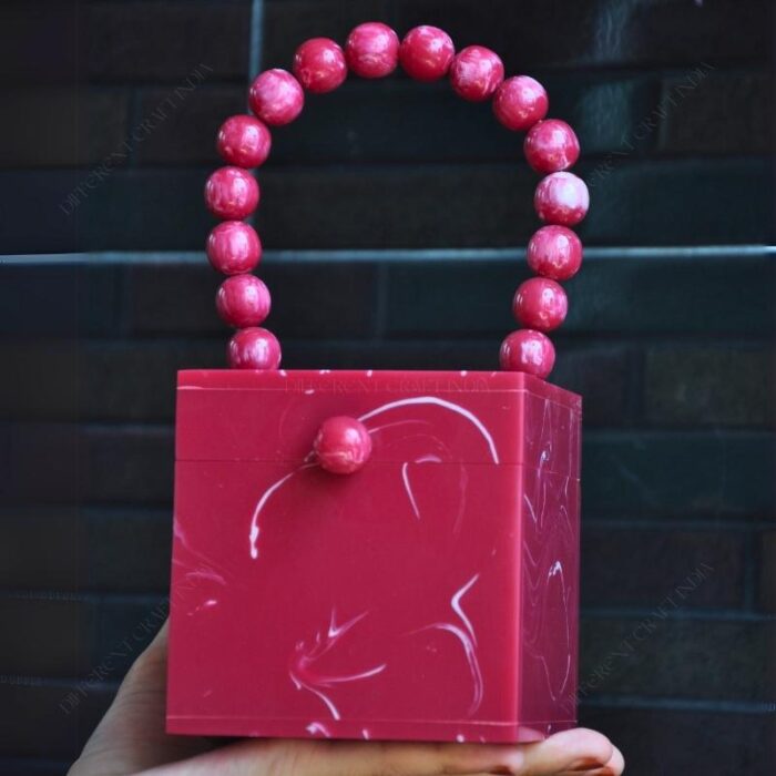 Red Resin Box Clutch with Unique Beaded Handle, Perfect for Hand Carry with Pearl Knob