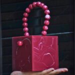 Red Resin Box Clutch with Unique Beaded Handle, Perfect for Hand Carry with Pearl Knob