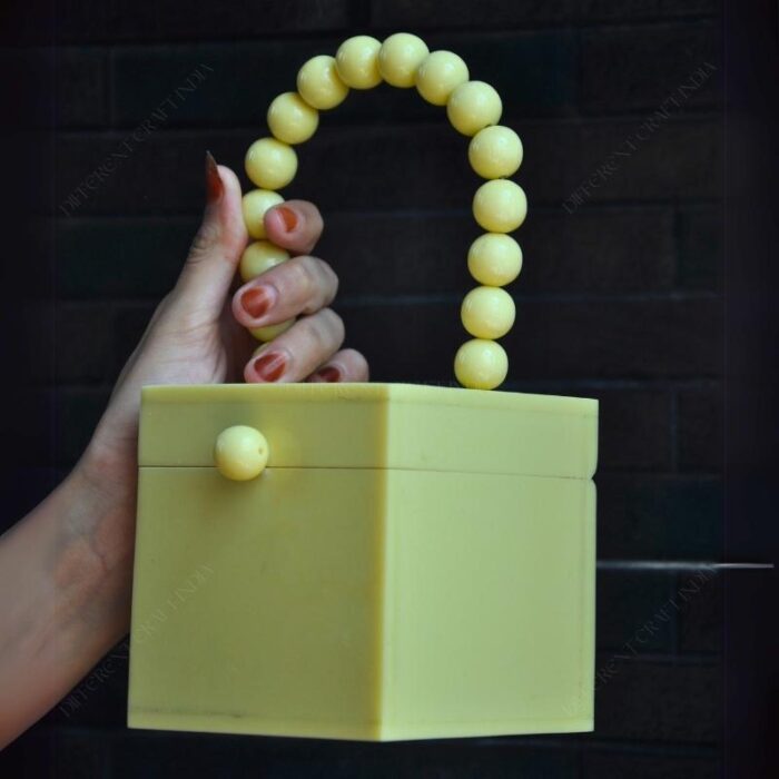 Yellow Resin Box Clutch with Unique Beaded Handle, Perfect for Hand Carry with Pearl Knob