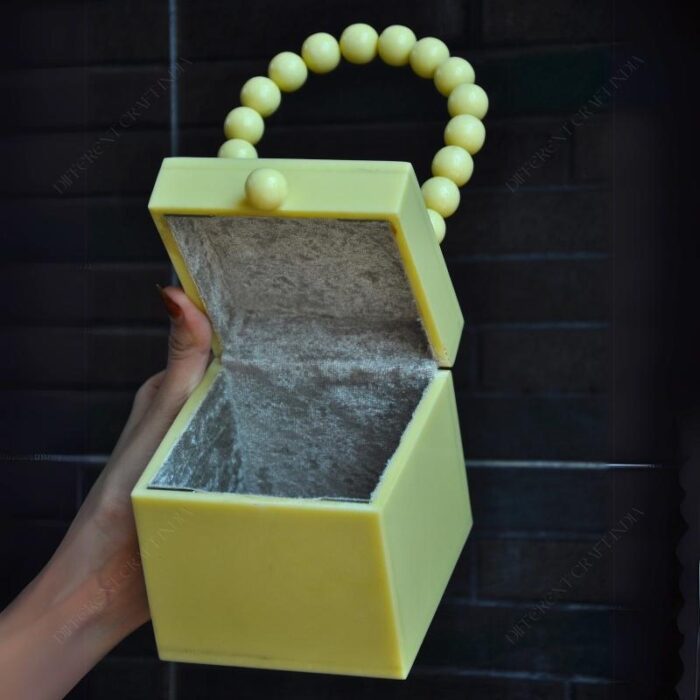 Yellow Resin Box Clutch with Unique Beaded Handle, Perfect for Hand Carry with Pearl Knob