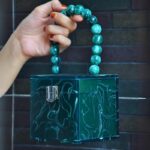 Dark Green Resin Box Clutch with Unique Beaded Handle, Perfect for Hand Carry with Clasp Lock