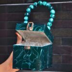 Dark Green Resin Box Clutch with Unique Beaded Handle, Perfect for Hand Carry with Clasp Lock