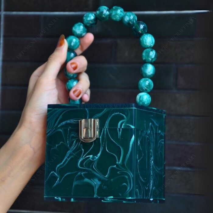 Dark Green Resin Box Clutch with Unique Beaded Handle, Perfect for Hand Carry with Clasp Lock