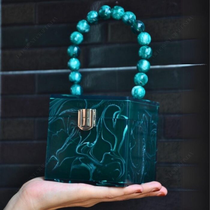 Dark Green Resin Box Clutch with Unique Beaded Handle, Perfect for Hand Carry with Clasp Lock