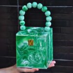 Green Resin Box Clutch with Unique Beaded Handle, Perfect for Hand Carry with Clasp Lock