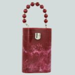 Elegant Red Resin Bucket Clutch with Detachable Beaded Top Handle & Secure Clasp Lock