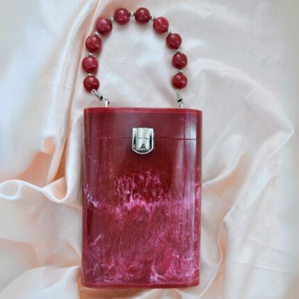 Elegant Red Resin Bucket Clutch with Detachable Beaded Top Handle & Secure Clasp Lock