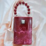 Elegant Red Resin Bucket Clutch with Detachable Beaded Top Handle & Secure Clasp Lock