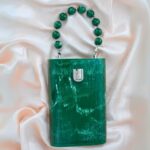 Elegant Green Resin Bucket Clutch with Detachable Beaded Top Handle & Secure Clasp Lock