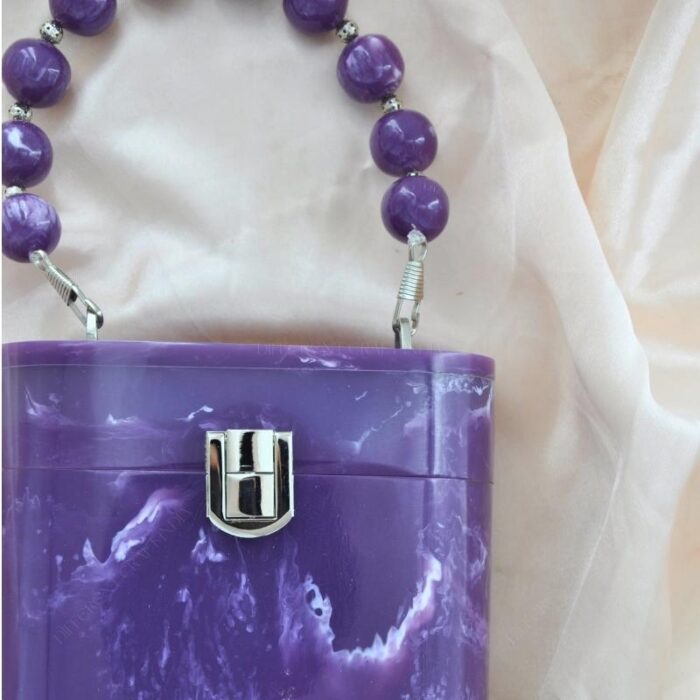 Elegant Purple Resin Bucket Clutch with Detachable Beaded Top Handle & Secure Clasp Lock