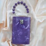 Elegant Purple Resin Bucket Clutch with Detachable Beaded Top Handle & Secure Clasp Lock