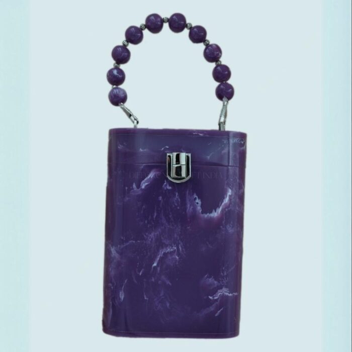 Elegant Purple Resin Bucket Clutch with Detachable Beaded Top Handle & Secure Clasp Lock