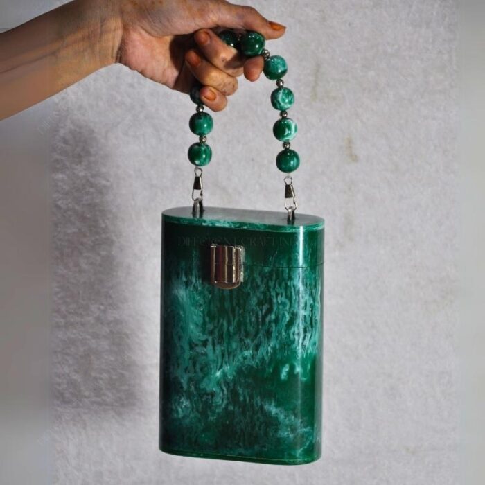 Elegant Green Resin Bucket Clutch with Detachable Beaded Top Handle & Secure Clasp Lock