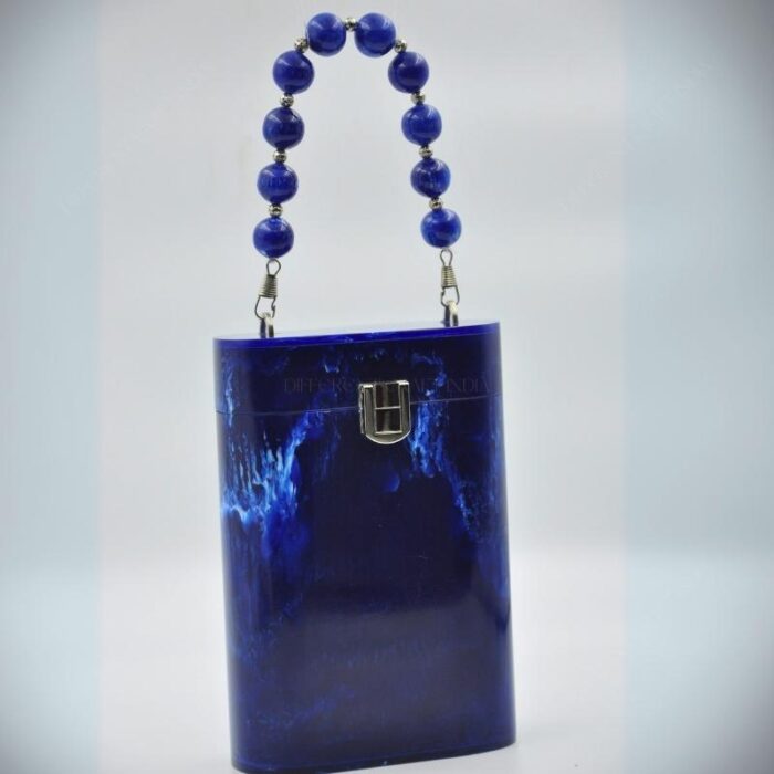 Elegant Blue Resin Bucket Clutch with Detachable Beaded Top Handle & Secure Clasp Lock