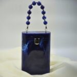 Elegant Blue Resin Bucket Clutch with Detachable Beaded Top Handle & Secure Clasp Lock