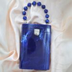 Elegant Blue Resin Bucket Clutch with Detachable Beaded Top Handle & Secure Clasp Lock